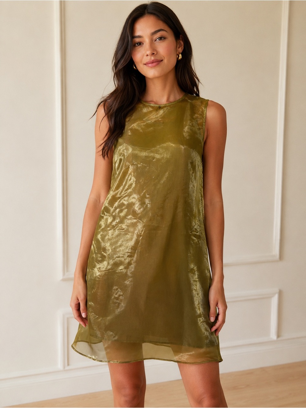 Sleeveless Shimmery Olive Midi Dress